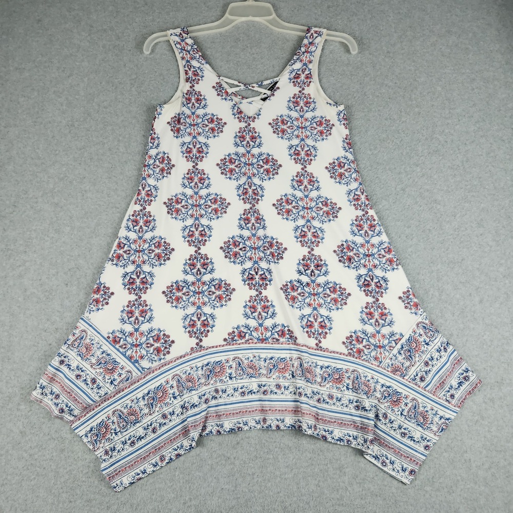 Three Pink Hearts Dress Womens XS White Blue Medallion Print Handkerchief Hem